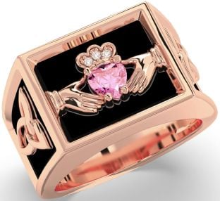 Diamond Pink Tourmaline Rose Gold Black Rhodium Celtic Claddagh Trinity Knot Ring Mens Ladies Unisex