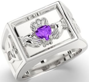 Diamond Amethyst Silver Celtic Claddagh Trinity Knot Ring Mens Ladies Unisex