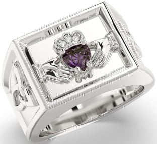 Diamond Alexandrite Silver Celtic Claddagh Trinity Knot Ring Mens Ladies Unisex