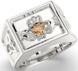 Diamond Citrine Silver Celtic Claddagh Trinity Knot Ring Mens Ladies Unisex