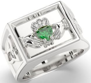 Diamond Emerald Silver Celtic Claddagh Trinity Knot Ring Mens Ladies Unisex