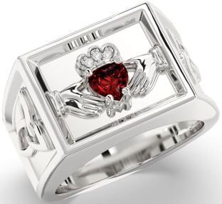 Diamond Garnet Silver Celtic Claddagh Trinity Knot Ring Mens Ladies Unisex