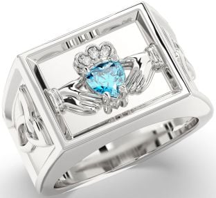 Diamond Topaz Silver Celtic Claddagh Trinity Knot Ring Mens Ladies Unisex