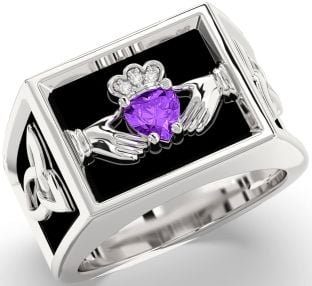 Diamond Amethyst Silver Black Rhodium Celtic Claddagh Trinity Knot Ring Mens Ladies Unisex