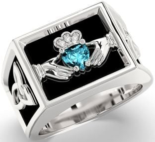 Diamond Aquamarine Silver Black Rhodium Celtic Claddagh Trinity Knot Ring Mens Ladies Unisex