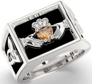 Diamond Citrine Silver Black Rhodium Celtic Claddagh Trinity Knot Ring Mens Ladies Unisex