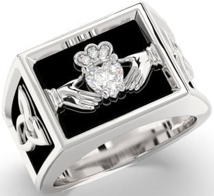 Diamond Silver Black Rhodium Celtic Claddagh Trinity Knot Ring Mens Ladies Unisex