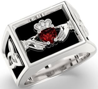 Diamond Garnet Silver Black Rhodium Celtic Claddagh Trinity Knot Ring Mens Ladies Unisex