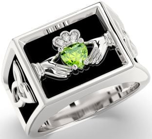 Diamond Peridot Silver Black Rhodium Celtic Claddagh Trinity Knot Ring Mens Ladies Unisex