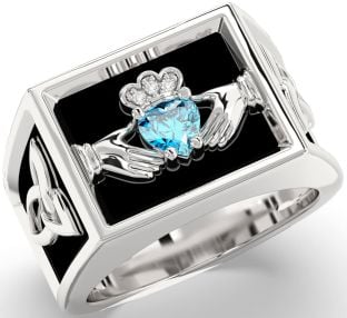 Diamond Topaz Silver Black Rhodium Celtic Claddagh Trinity Knot Ring Mens Ladies Unisex