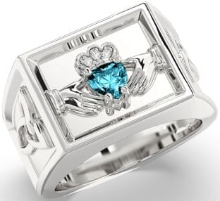 Diamond Aquamarine White Gold Celtic Claddagh Trinity Knot Ring Mens Ladies Unisex