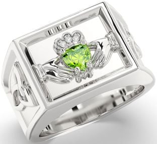 Diamond Peridot White Gold Celtic Claddagh Trinity Knot Ring Mens Ladies Unisex