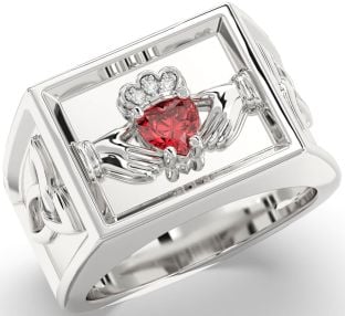 Diamond Ruby White Gold Celtic Claddagh Trinity Knot Ring Mens Ladies Unisex