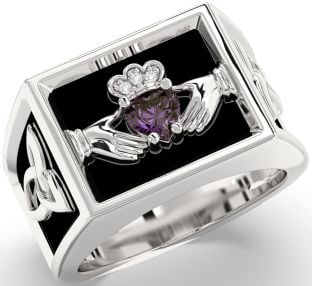 Diamond Alexandrite White Gold Black Rhodium Celtic Claddagh Trinity Knot Ring Mens Ladies Unisex