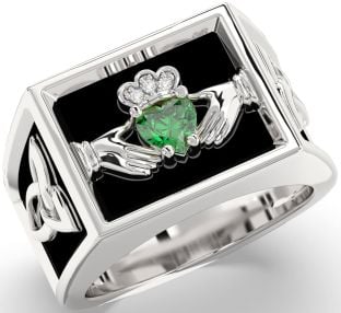 Diamond Emerald White Gold Black Rhodium Celtic Claddagh Trinity Knot Ring Mens Ladies Unisex