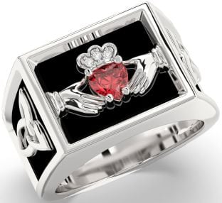 Diamond Ruby White Gold Black Rhodium Celtic Claddagh Trinity Knot Ring Mens Ladies Unisex