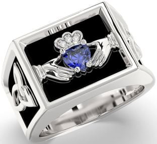 Diamond Sapphire White Gold Black Rhodium Celtic Claddagh Trinity Knot Ring Mens Ladies Unisex