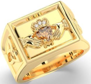 Diamond Citrine Gold Celtic Claddagh Trinity Knot Ring Mens Ladies Unisex