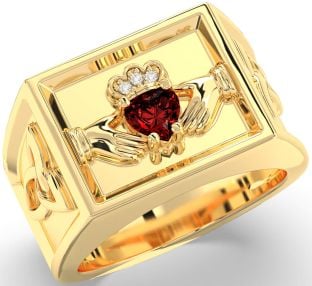 Diamond Garnet Gold Celtic Claddagh Trinity Knot Ring Mens Ladies Unisex