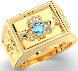 Diamond Topaz Gold Celtic Claddagh Trinity Knot Ring Mens Ladies Unisex