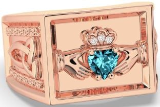 Diamond Aquamarine Rose Gold Silver Celtic Claddagh Trinity Knot Ring Mens Ladies Unisex