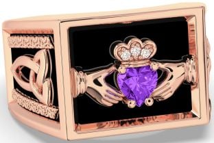 Diamond Amethyst Rose Gold Silver Black Rhodium Celtic Claddagh Trinity Knot Ring Mens Ladies Unisex