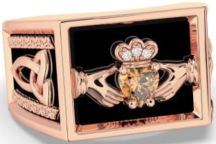 Diamond Citrine Rose Gold Silver Black Rhodium Celtic Claddagh Trinity Knot Ring Mens Ladies Unisex