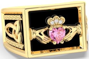 Diamond Pink Tourmaline Gold Silver Black Rhodium Celtic Claddagh Trinity Knot Ring Mens Ladies Unisex