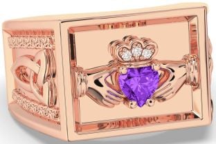 Diamond Amethyst Rose Gold Celtic Claddagh Trinity Knot Ring Mens Ladies Unisex