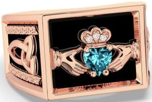 Diamond Aquamarine Rose Gold Black Rhodium Celtic Claddagh Trinity Knot Ring Mens Ladies Unisex