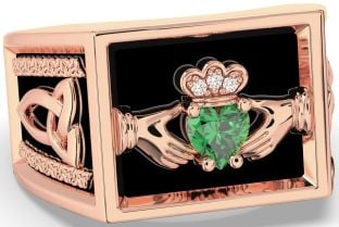 Diamond Emerald Rose Gold Black Rhodium Celtic Claddagh Trinity Knot Ring Mens Ladies Unisex