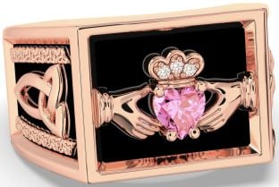 Diamond Pink Tourmaline Rose Gold Black Rhodium Celtic Claddagh Trinity Knot Ring Mens Ladies Unisex