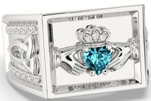 Diamond Aquamarine Silver Celtic Claddagh Trinity Knot Ring Mens Ladies Unisex