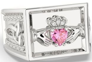 Diamond Pink Tourmaline Silver Celtic Claddagh Trinity Knot Ring Mens Ladies Unisex