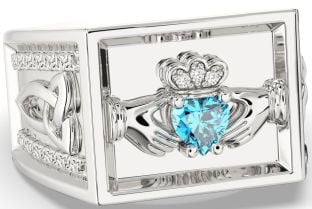 Diamond Topaz Silver Celtic Claddagh Trinity Knot Ring Mens Ladies Unisex