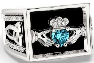 Diamond Aquamarine Silver Black Rhodium Celtic Claddagh Trinity Knot Ring Mens Ladies Unisex