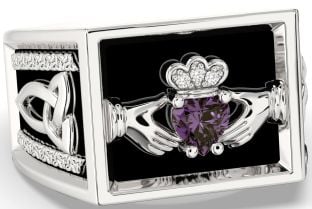 Diamond Alexandrite Silver Black Rhodium Celtic Claddagh Trinity Knot Ring Mens Ladies Unisex