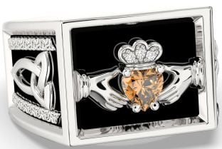 Diamond Citrine Silver Black Rhodium Celtic Claddagh Trinity Knot Ring Mens Ladies Unisex