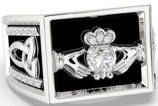 Diamond Silver Black Rhodium Celtic Claddagh Trinity Knot Ring Mens Ladies Unisex