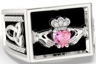 Diamond Pink Tourmaline Silver Black Rhodium Celtic Claddagh Trinity Knot Ring Mens Ladies Unisex