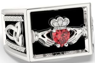 Diamond Ruby Silver Black Rhodium Celtic Claddagh Trinity Knot Ring Mens Ladies Unisex