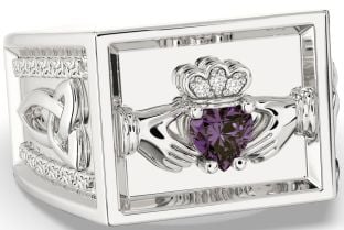 Diamond Alexandrite White Gold Celtic Claddagh Trinity Knot Ring Mens Ladies Unisex