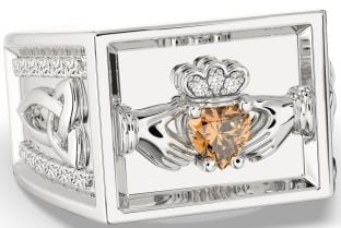 Diamond Citrine White Gold Celtic Claddagh Trinity Knot Ring Mens Ladies Unisex