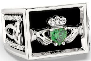 Diamond Emerald White Gold Black Rhodium Celtic Claddagh Trinity Knot Ring Mens Ladies Unisex