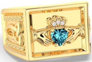 Diamond Aquamarine Gold Celtic Claddagh Trinity Knot Ring Mens Ladies Unisex