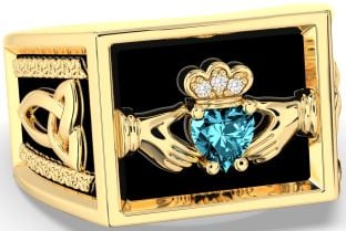 Diamond Aquamarine Gold Black Rhodium Celtic Claddagh Trinity Knot Ring Mens Ladies Unisex