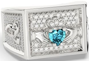 Diamond Aquamarine Silver Celtic Claddagh Trinity Knot Ring Mens Ladies Unisex