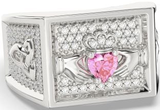 Diamond Pink Tourmaline Silver Celtic Claddagh Trinity Knot Ring Mens Ladies Unisex