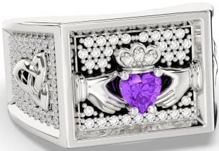 Diamond Amethyst Silver Black Rhodium Celtic Claddagh Trinity Knot Ring Mens Ladies Unisex