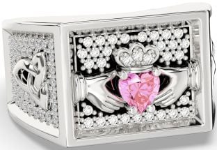 Diamond Pink Tourmaline Silver Black Rhodium Celtic Claddagh Trinity Knot Ring Mens Ladies Unisex